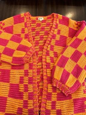 BiBi Pink and Orange Checkered Crocheted Cardigan